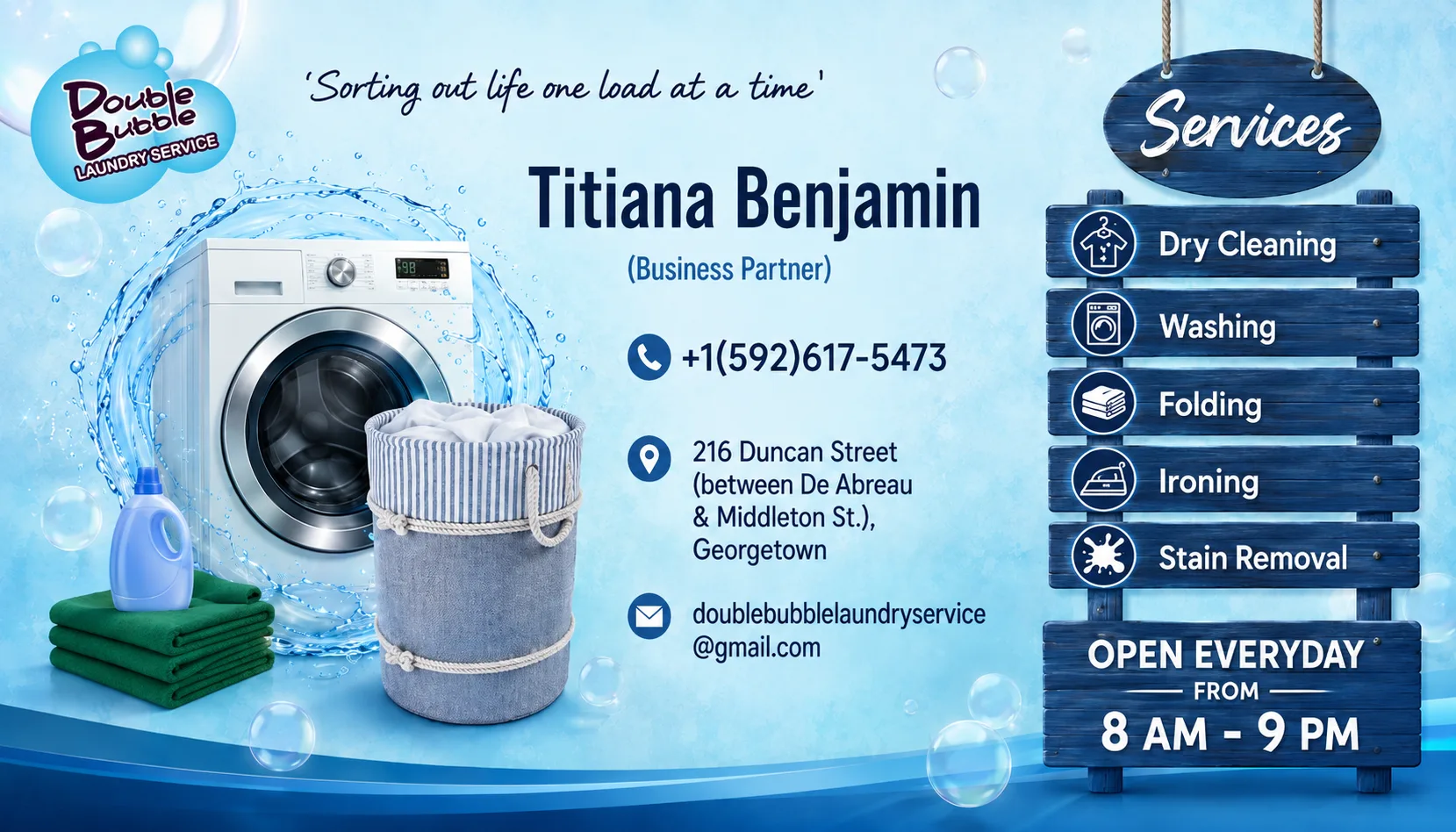 Double Bubble Laundry Service business card for Titiana Benjamin